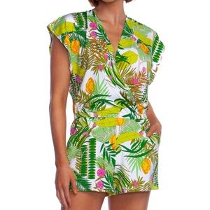 Trina Turk White Tropical Print Short Romper with Green, Yellow & Pink